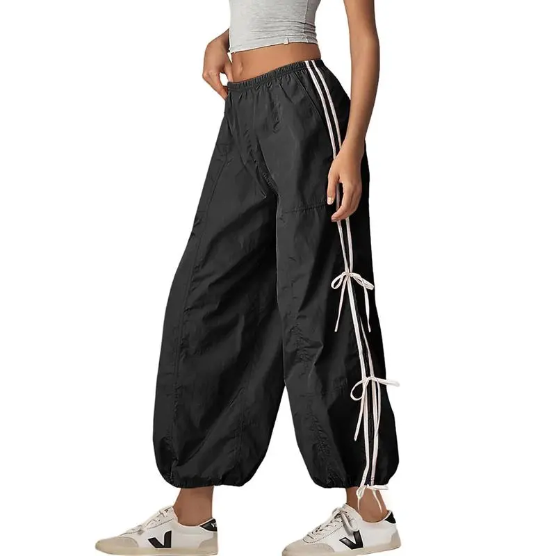 Women's Parachute Cargo Pants – High Waist, Elastic Drawstring Hiking Trousers with Pockets