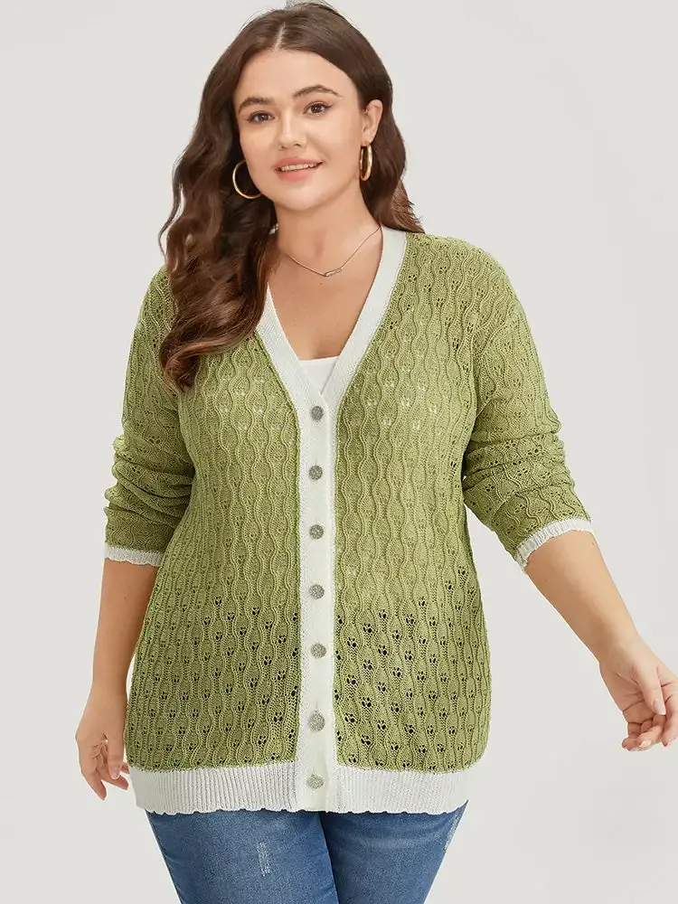 Two Tone Patchwork Cut Out Button Down Cardigan