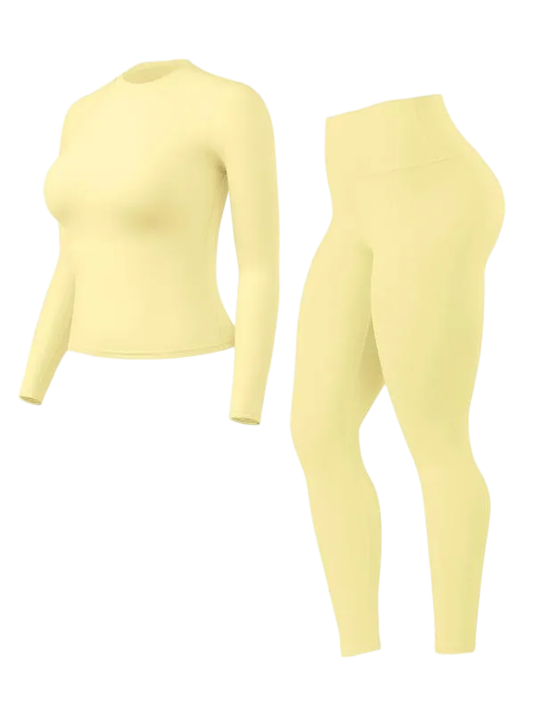 Women's Solid Long Sleeve Tee & High Waist Leggings Sportswear Set