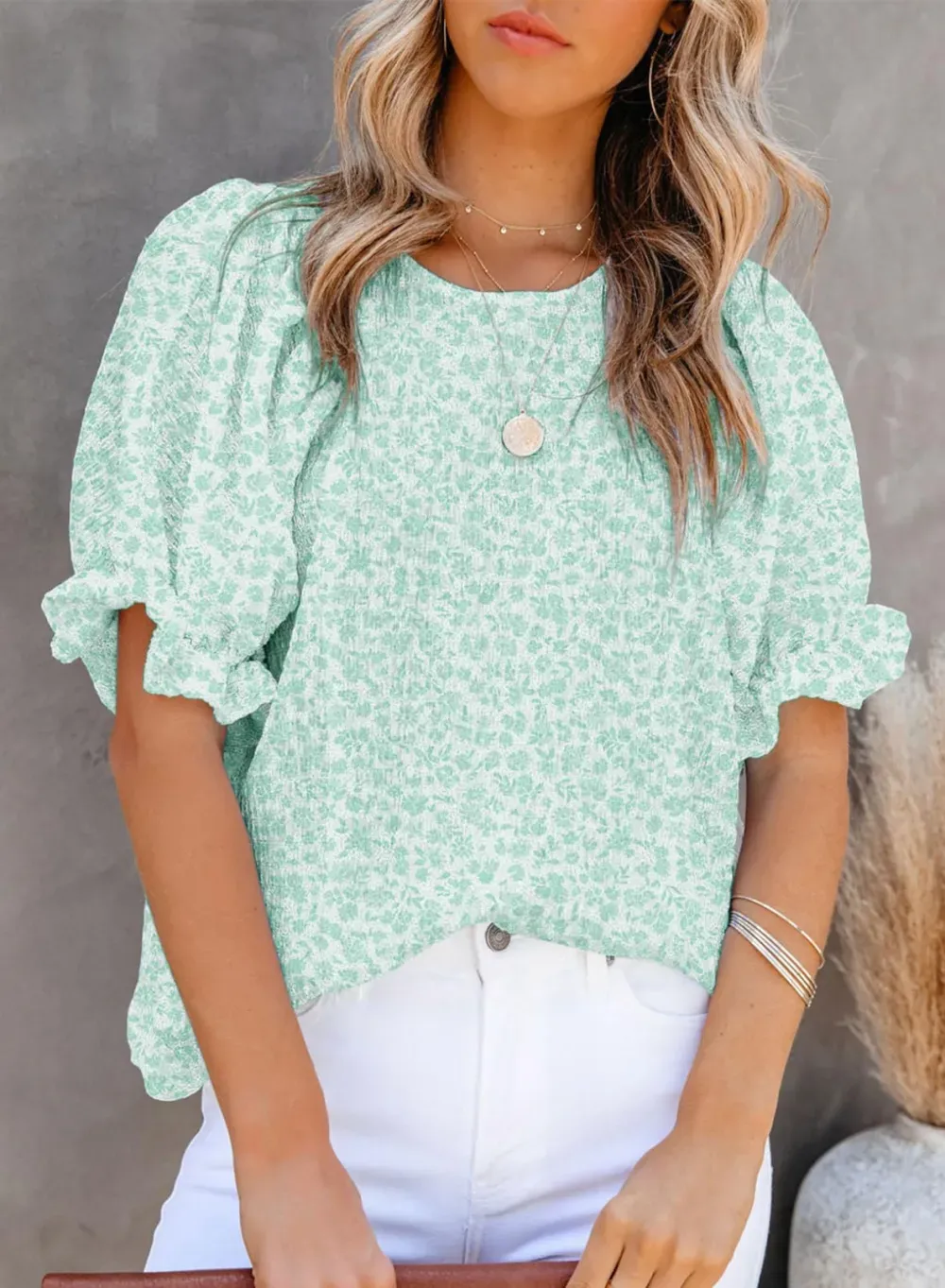 ✨Women's Crewneck Smocked Puff Sleeve Floral Print Blouse(BUY 2 10% OFF)