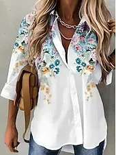 Women's Shirt Button Down Tunic Shirt Collar Long Sleeve Floral Graphic Stylish Casual Regular Tops Daily Going out s White Spring