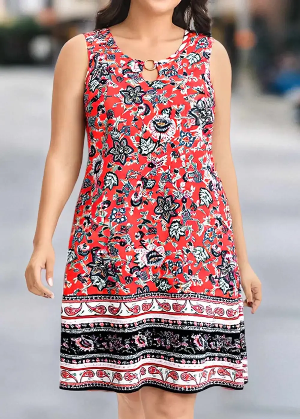 Coral Circular Ring Tribal Print Sleeveless Round Neck Dress