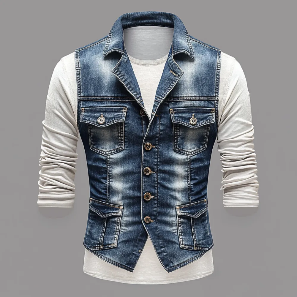 Men's Shirt Collar Single Breasted Pocket Denim Vest