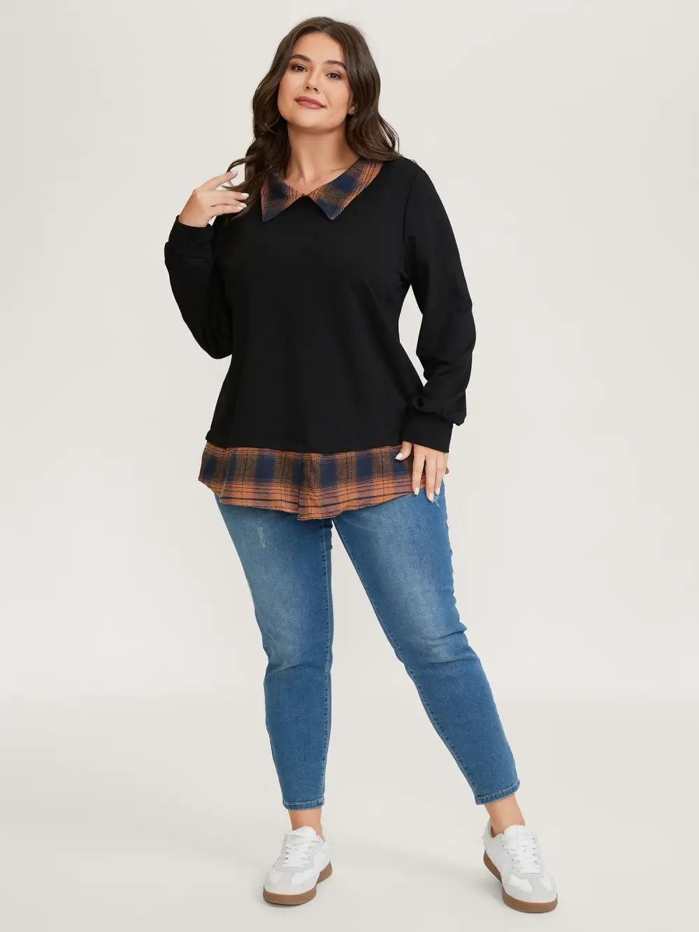 2-in-1 Stretchy Checkered Print Sweatshirt