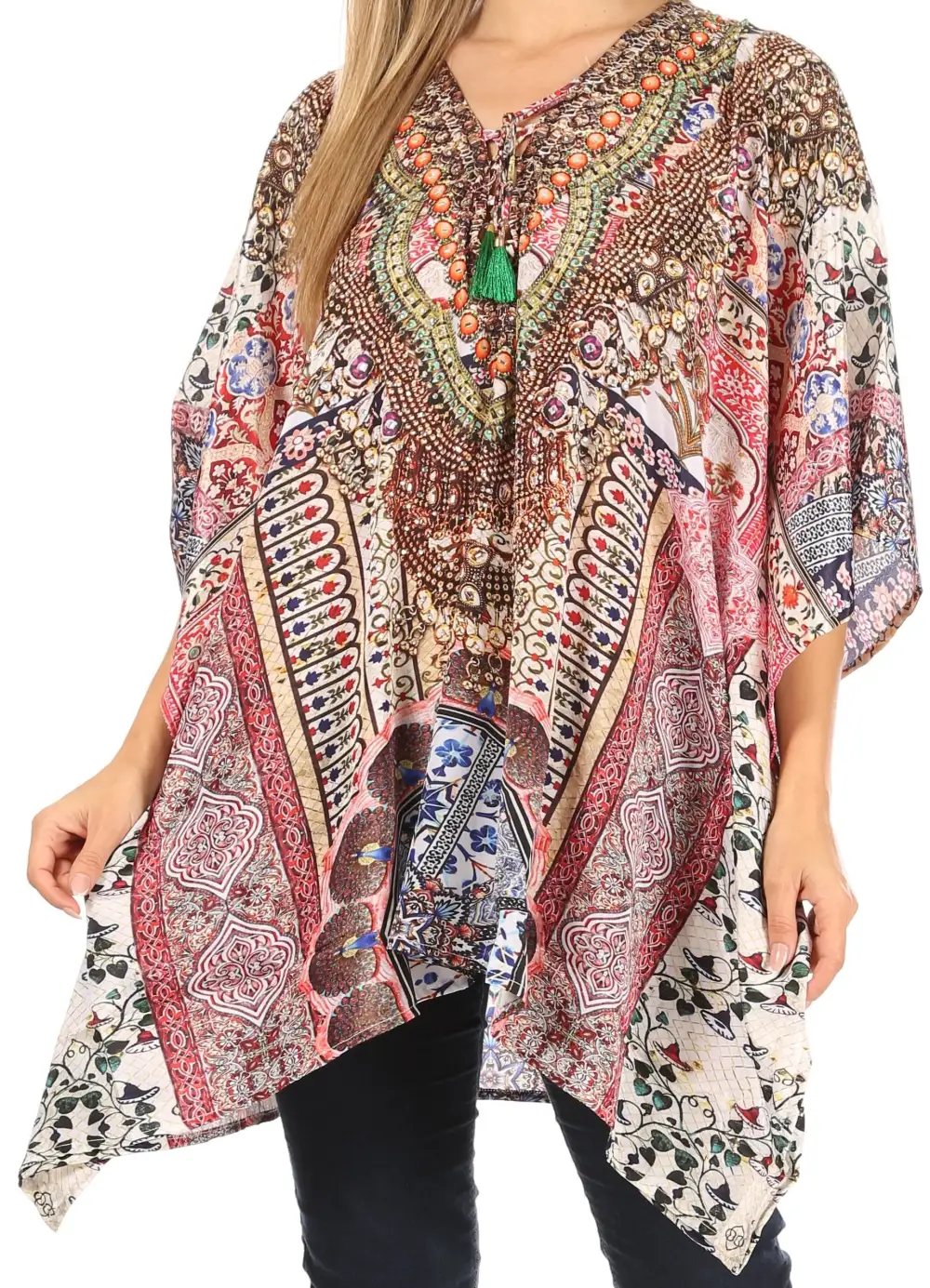 Women's Caftan Poncho Cover up V neck Top Lace up With Rhinestone