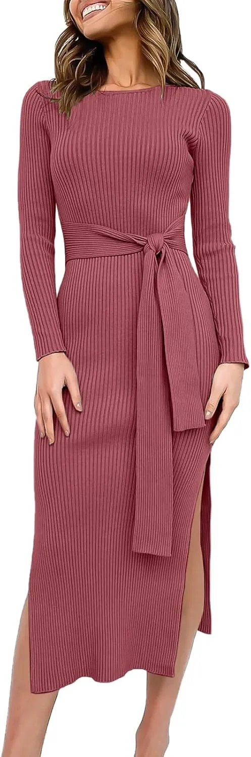 Long Sleeve Sweater Dress Crew Neck Slim Fit Slit Tie Waist 2024 Ribbed Knit Bodycon Midi Dress Fall Outfits