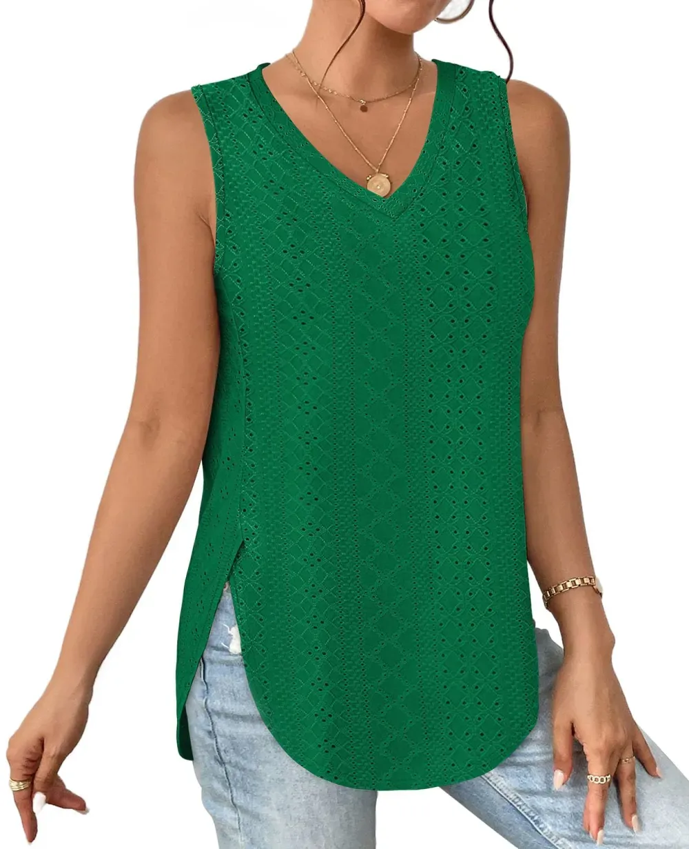 ✨ Womens V Neck Eyelet Embroidery Casaul Sleeveless Shirts