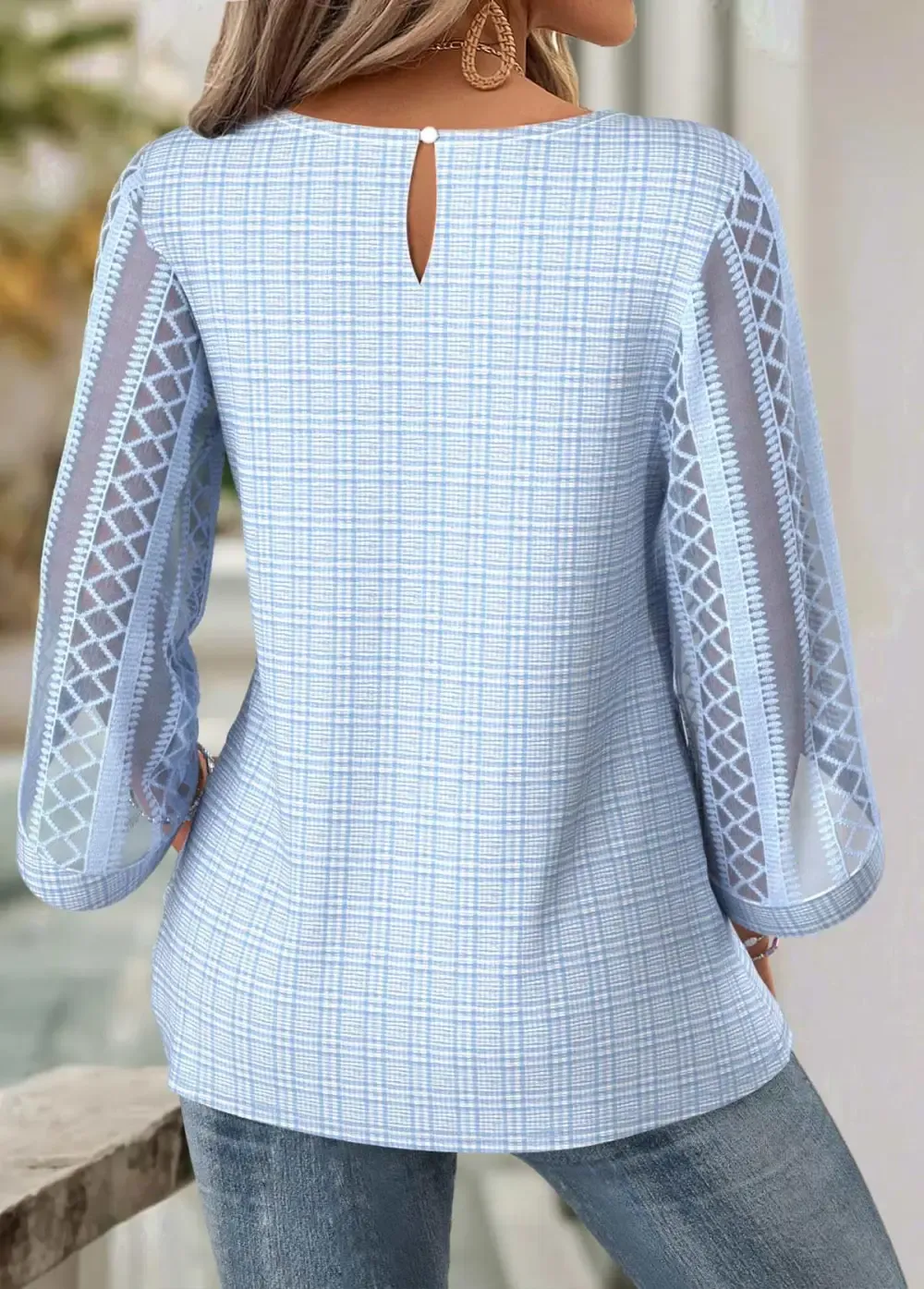 Light Blue 3/4 Sleeve Round Neck Blouse
