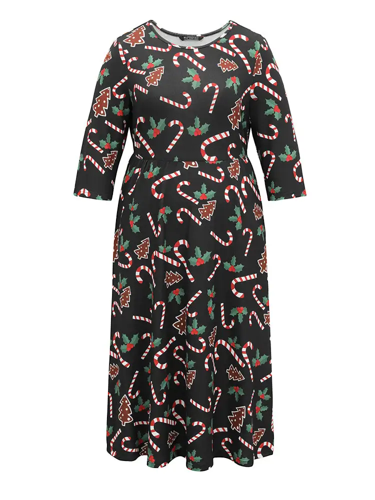 Christmas Print Pocket Elastic Waist Dress