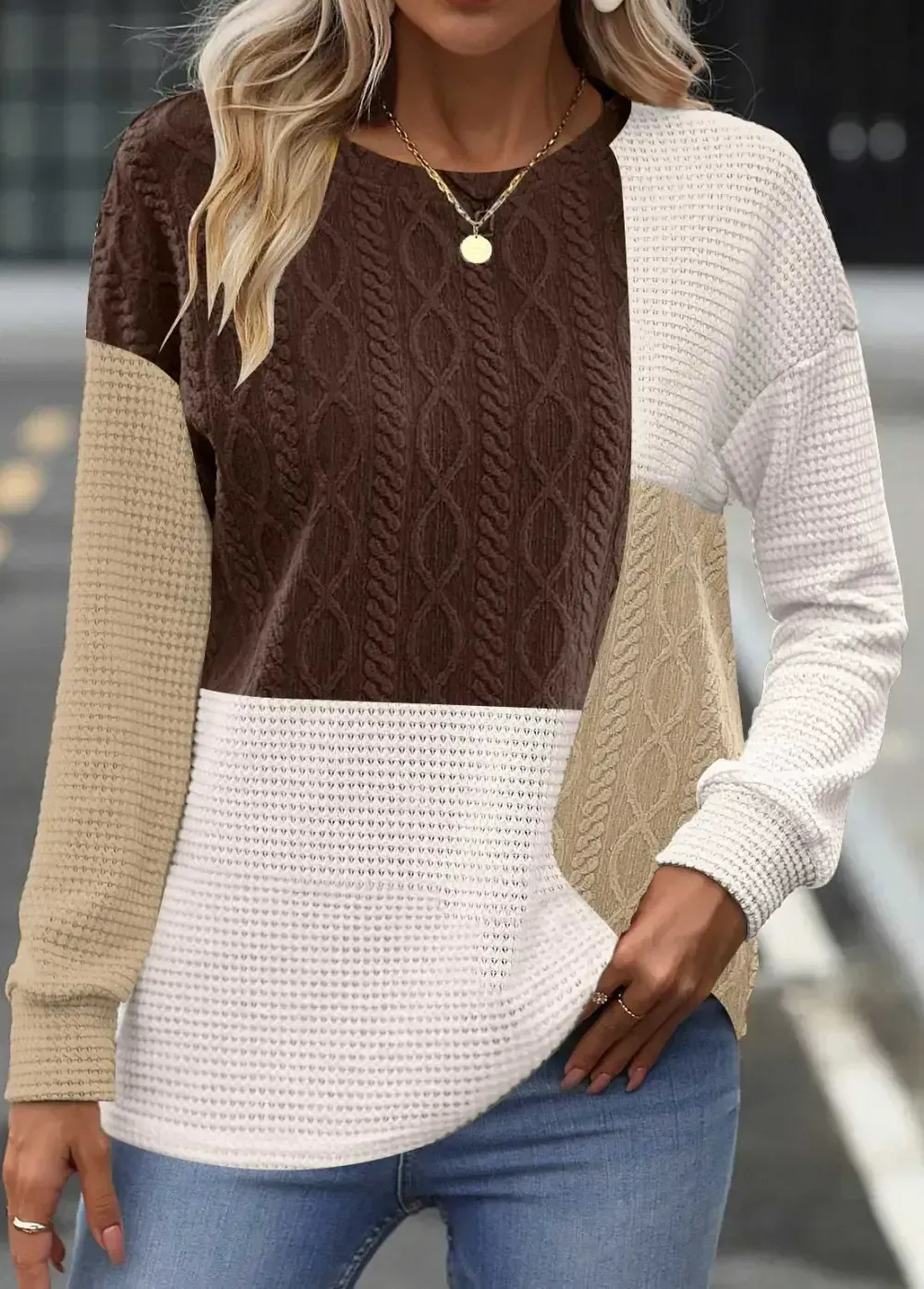 Dark Coffee Patchwork Long Sleeve Round Neck Sweatshirt