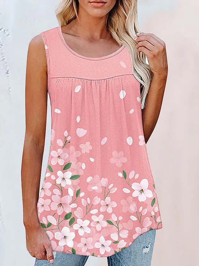 Women's Tank Top Black White Pink Floral Print Sleeveless Casual Holiday Basic Round Neck Regular Floral S