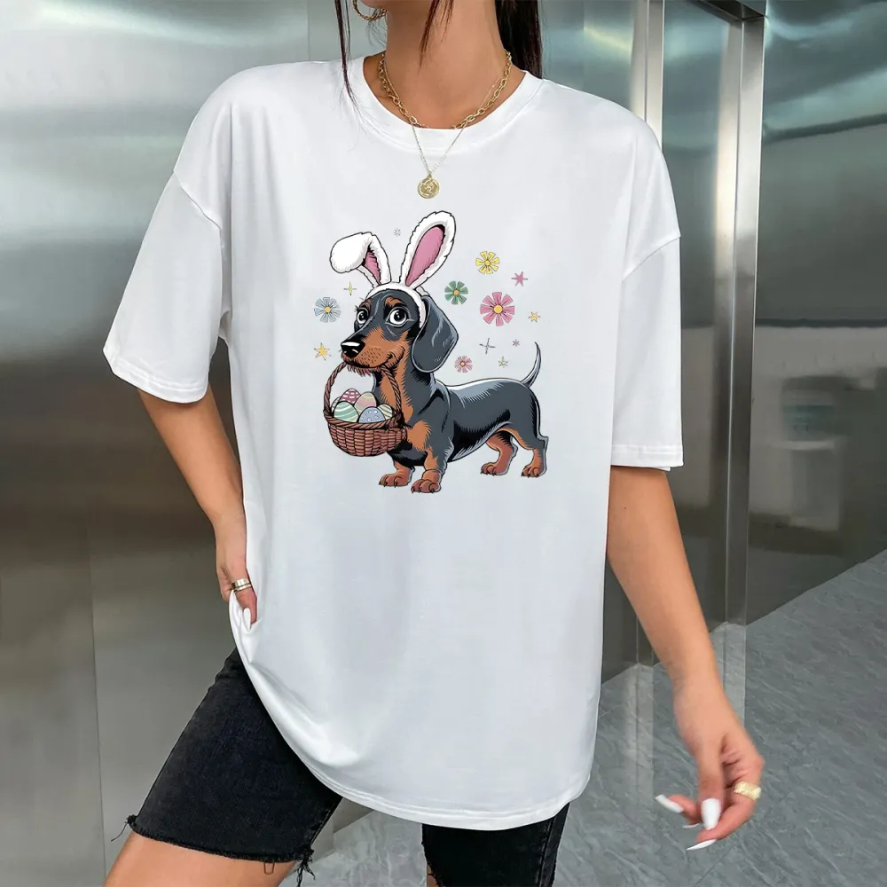 Easter Dog Hanging A Basket Of Easter Eggs Printed Round Neck Short Sleeve T-Shirt