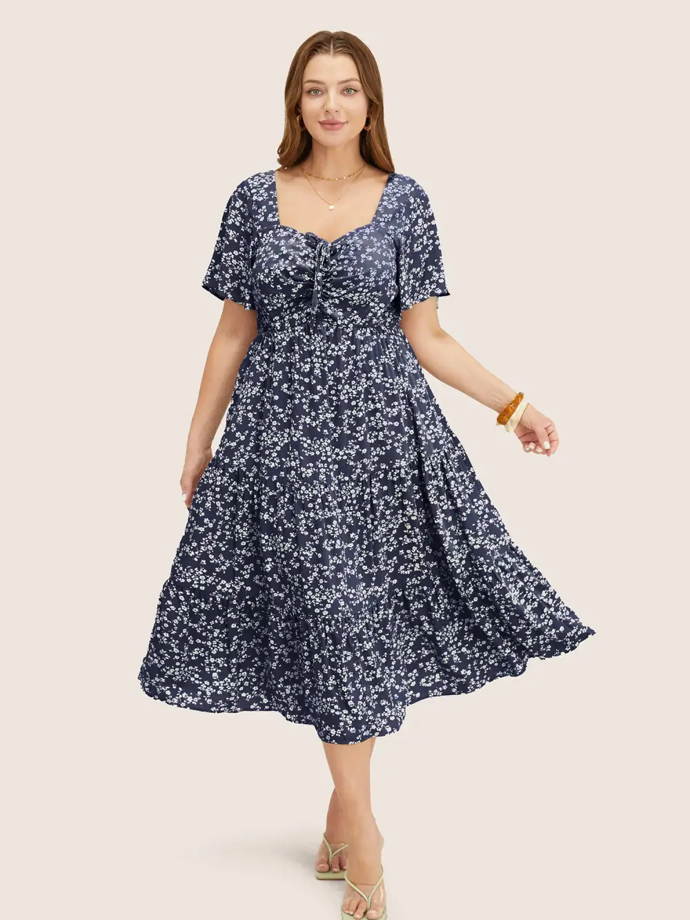 Ditsy Floral Sweetheart Drawstring Pocket Tiered Dress