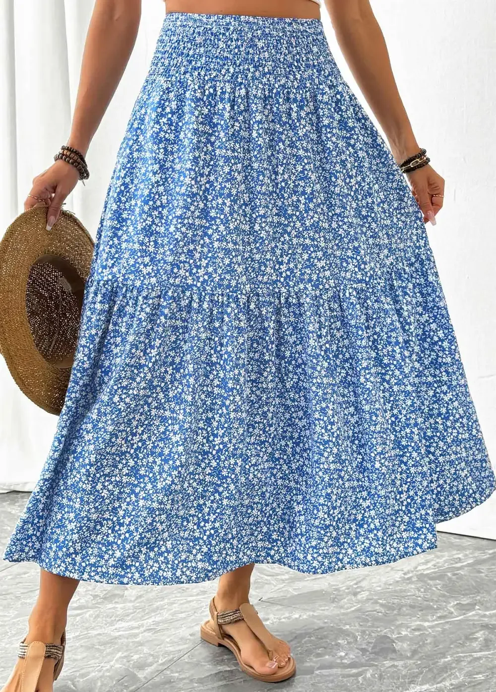 Blue Ditsy Floral Print A Line Elastic Waist Skirt