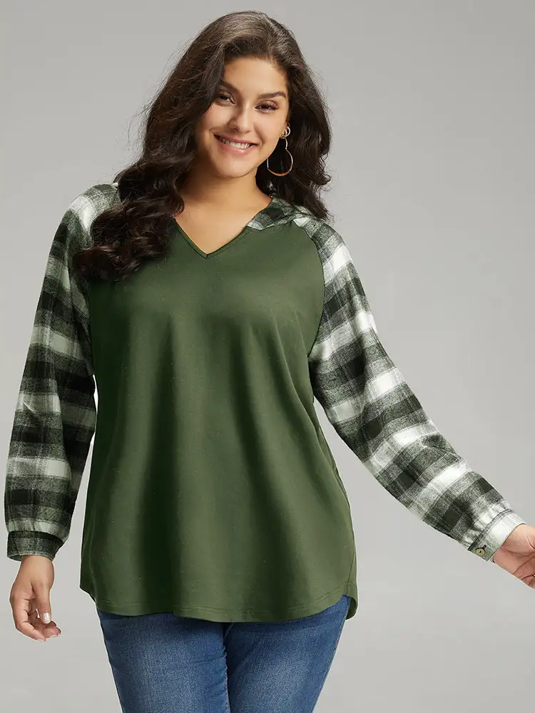 Plaid Print Hooded Patchwork Sweatshirt