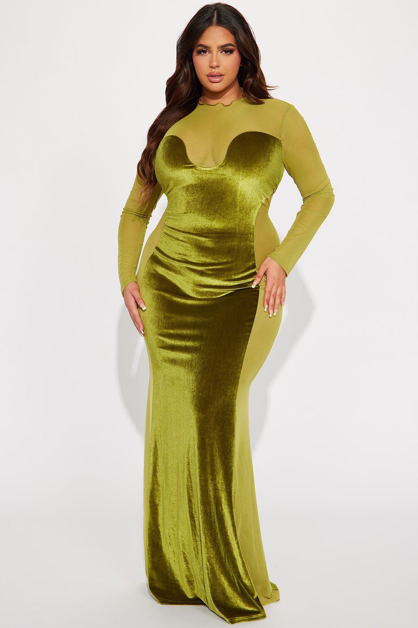 Velvet Long Sleeve Maxi Dress - Chartreuse