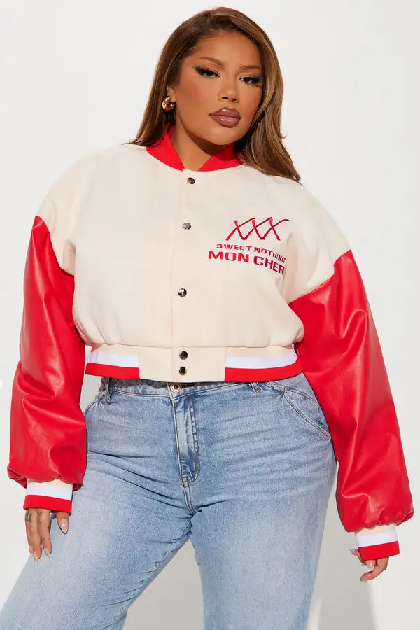 Mon Cheri Cropped Varsity Jacket - Taupe/combo