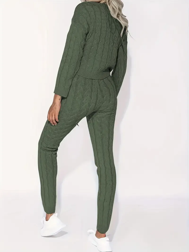 Solid Knitted Matching Two-piece Set, Casual Long Sleeve Sweater & Pants Outfits, Women's Clothing