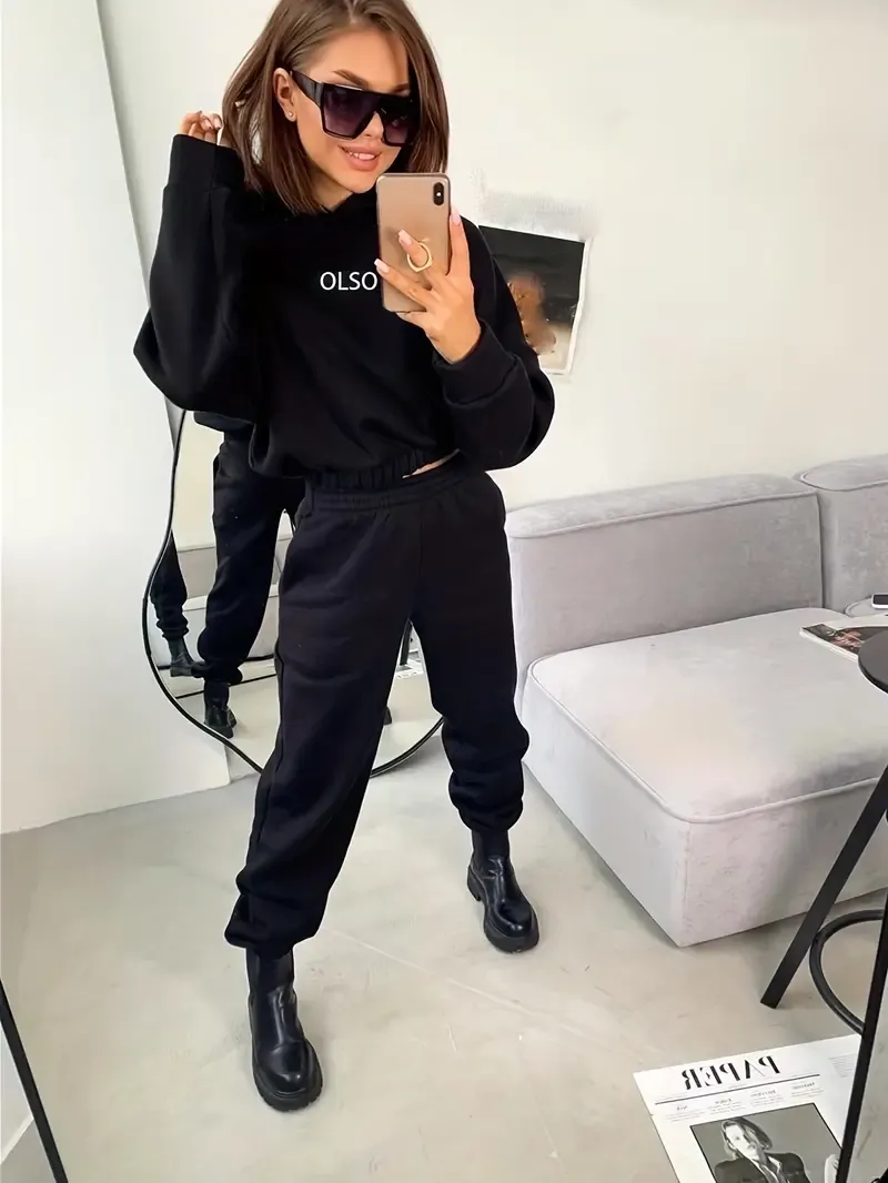 Casual Two-piece Set, Letter Print Long Sleeve Hooded Sweatshirt & Elastic Waist Sweatpants Outfits, Women's Clothing