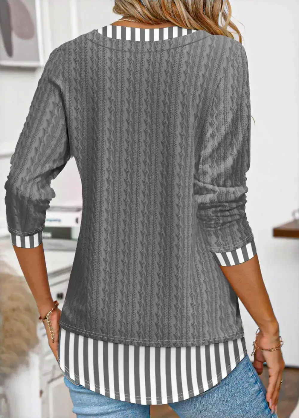 Grey Patchwork Striped Long Sleeve Fake Two Piece Twinset