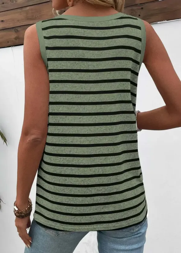Green Button Striped Sleeveless Round Neck Tank Top