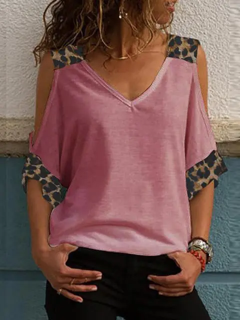 Leopard Print V-neck Cold Shoulder Tops