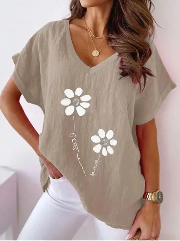 Summer Printed V-neck Casual Batwing Short Sleeve T-shirt