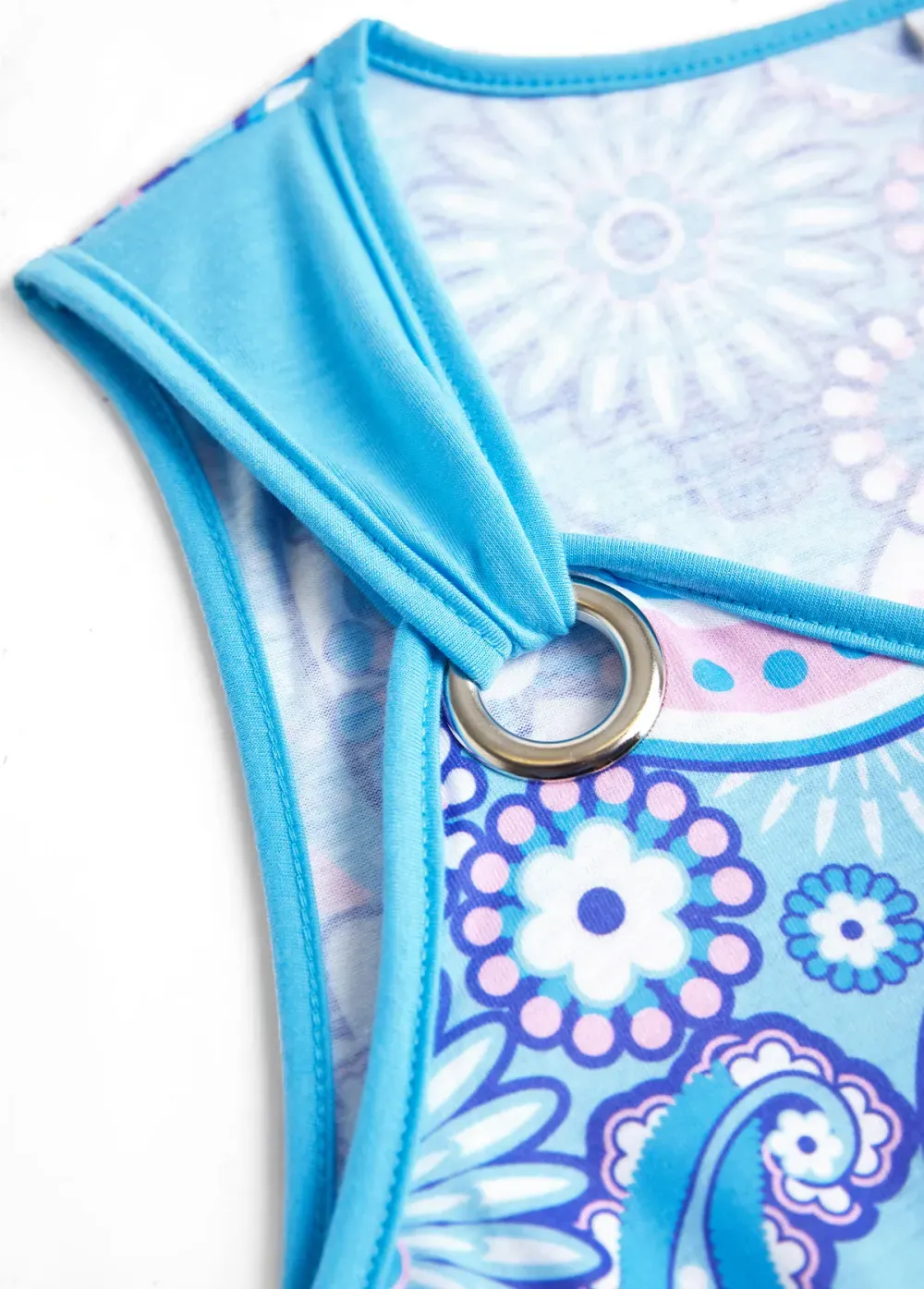 Light Blue Eyelet Tribal Print A Line Sleeveless Dress