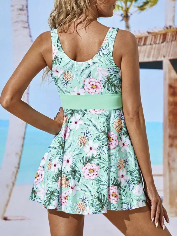 Vacation Floral Printing Scoop Neck Swimdress Two-Piece Set