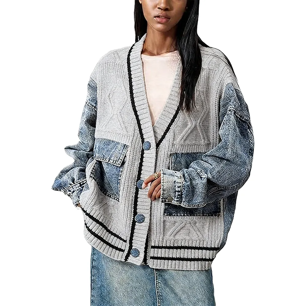 Unique Denim Patchwork Cable Knitted Coat