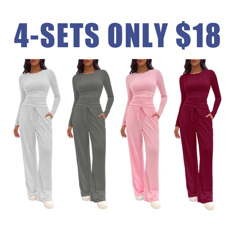 Women's 2-Piece Lounge Set – Solid Ruched Tee & Drawstring Pants, Casual Everyday Sleepwear.