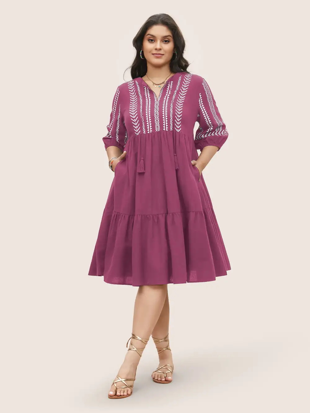 Cotton Geometric Bandana Print Tassel Trim Dress