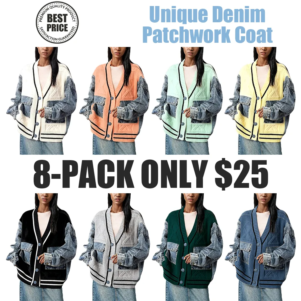 Unique Denim Patchwork Cable Knitted Coat