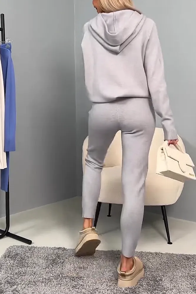 Women's solid color knitted top and pants two-piece set