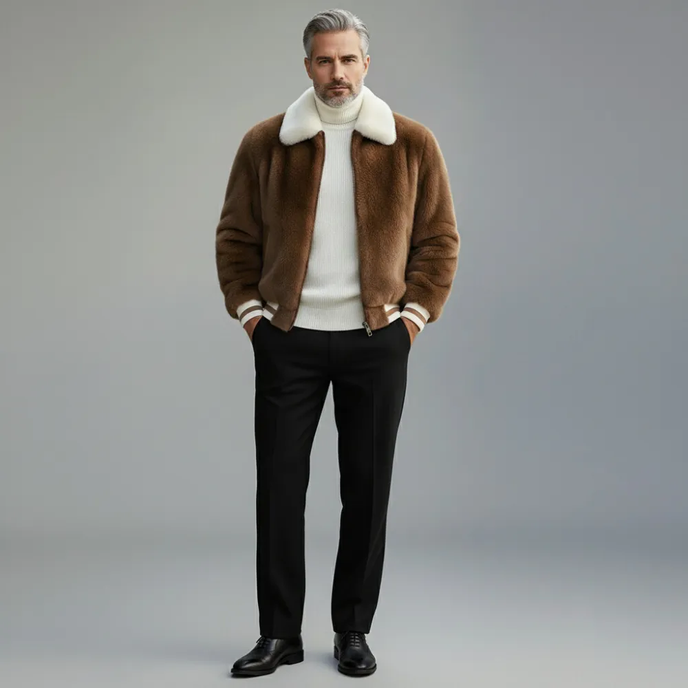 Men's Brown Contrast Striped Turndown Collar Long Sleeve Zipper Plush Jacket