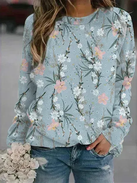 Floral Crew Neck Long Sleeves Sweatshirts