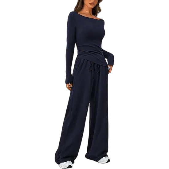 Women's 2-Piece Lounge Set – Asymmetrical Long Sleeve Top & Wide-Leg Pants, Casual Minimalist Tracksuit