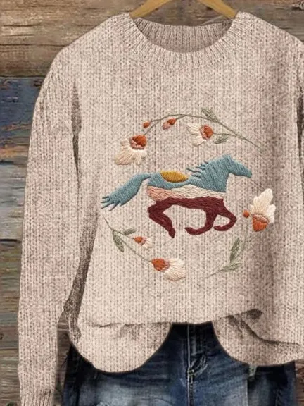 Women's Vintage Embroidered Horse Print Crew Neck Knit Sweater