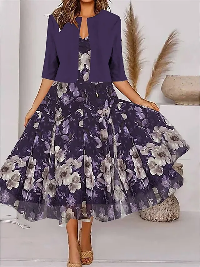 Women's Two Piece Dress Set Casual Dress Chiffon Dress Outdoor Daily Fashion Modern Print Midi Dress V Neck Half Sleeve Floral Regular Fit Purple Summer Spring S M L XL XXL