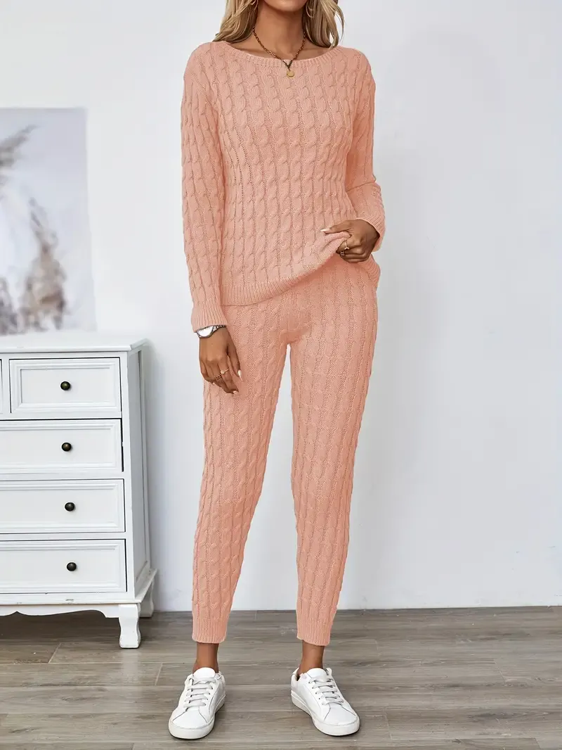 Solid Knitted Matching Two-piece Set, Casual Long Sleeve Sweater & Pants Outfits, Women's Clothing