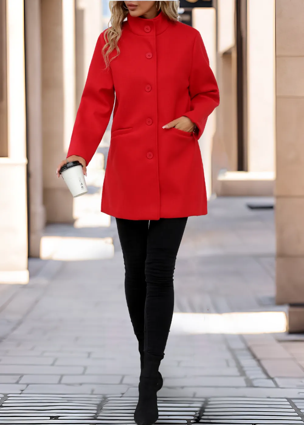 Red Pocket Long Sleeve Turn Down Collar Jacket