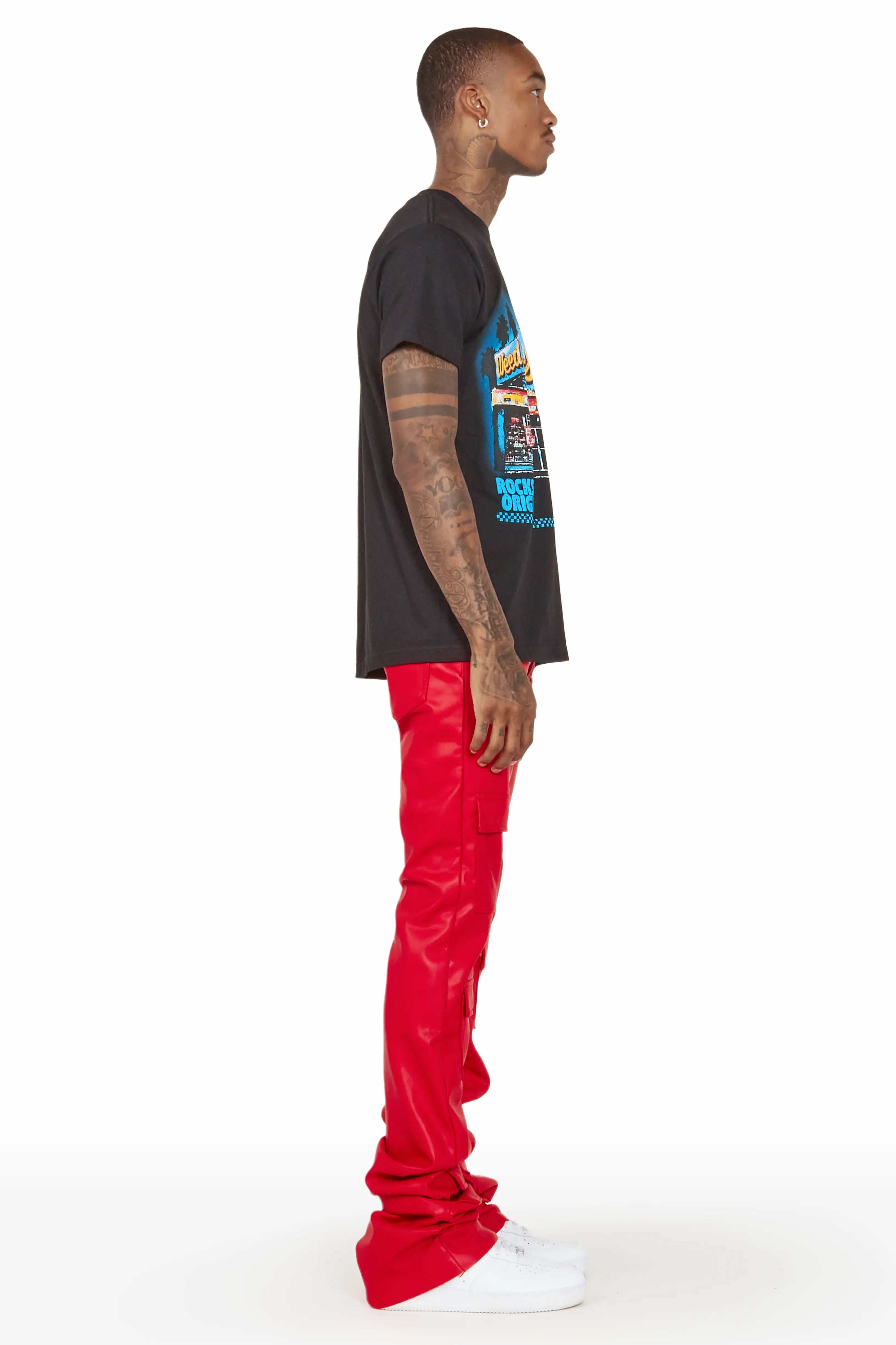Petrus Red Faux Leather Super Stacked Flare Jean