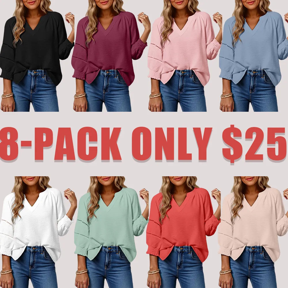 Women's Casual V-Neck Hollow-Out Blouse (3/4 Sleeve, Soft Breathable)