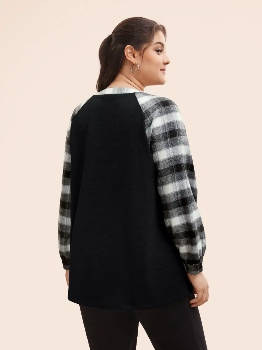 Plaid Patchwork Notched Button Detail Sweatshirt