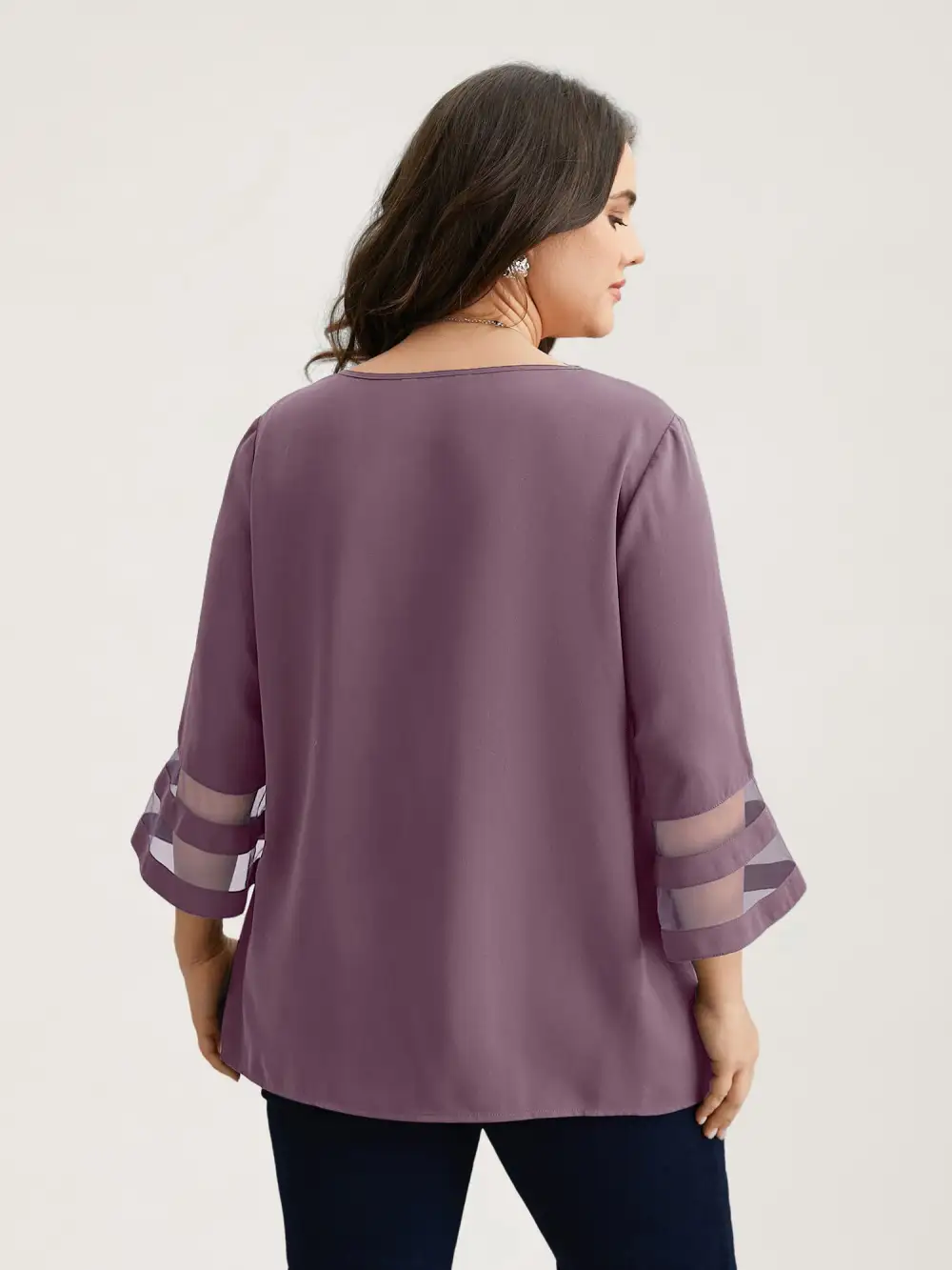 Sheer Sleeve Patchwork Asymmetrical Neckline Blouse