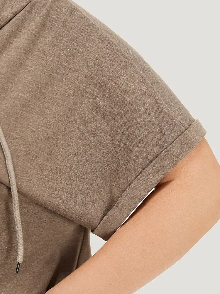 Plain Drawstring Roll Sleeve Button Up Hooded T-shirt