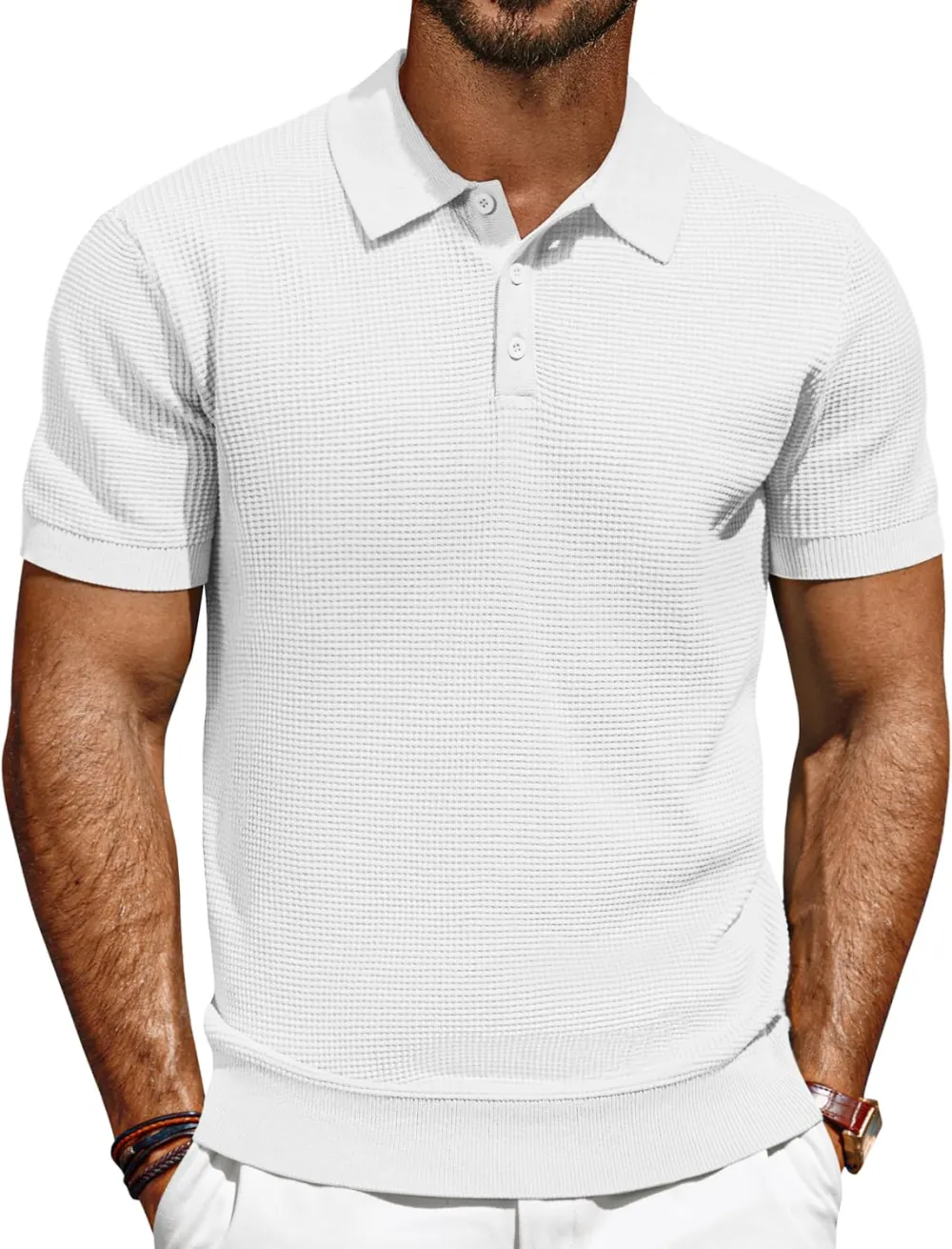 Knit Polo Shirts for Men Casual Short Sleeve Waffle Texture Polo Golf Shirt