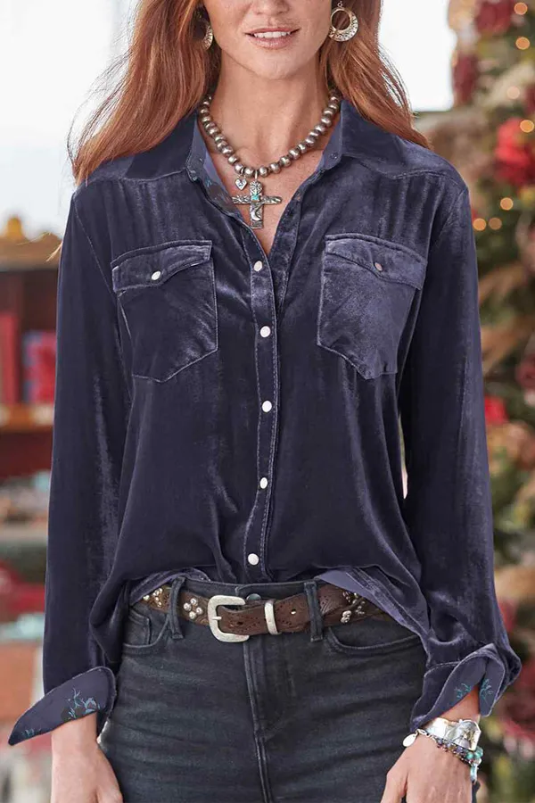 Velvet Button Detailed Long Sleeve Blouse