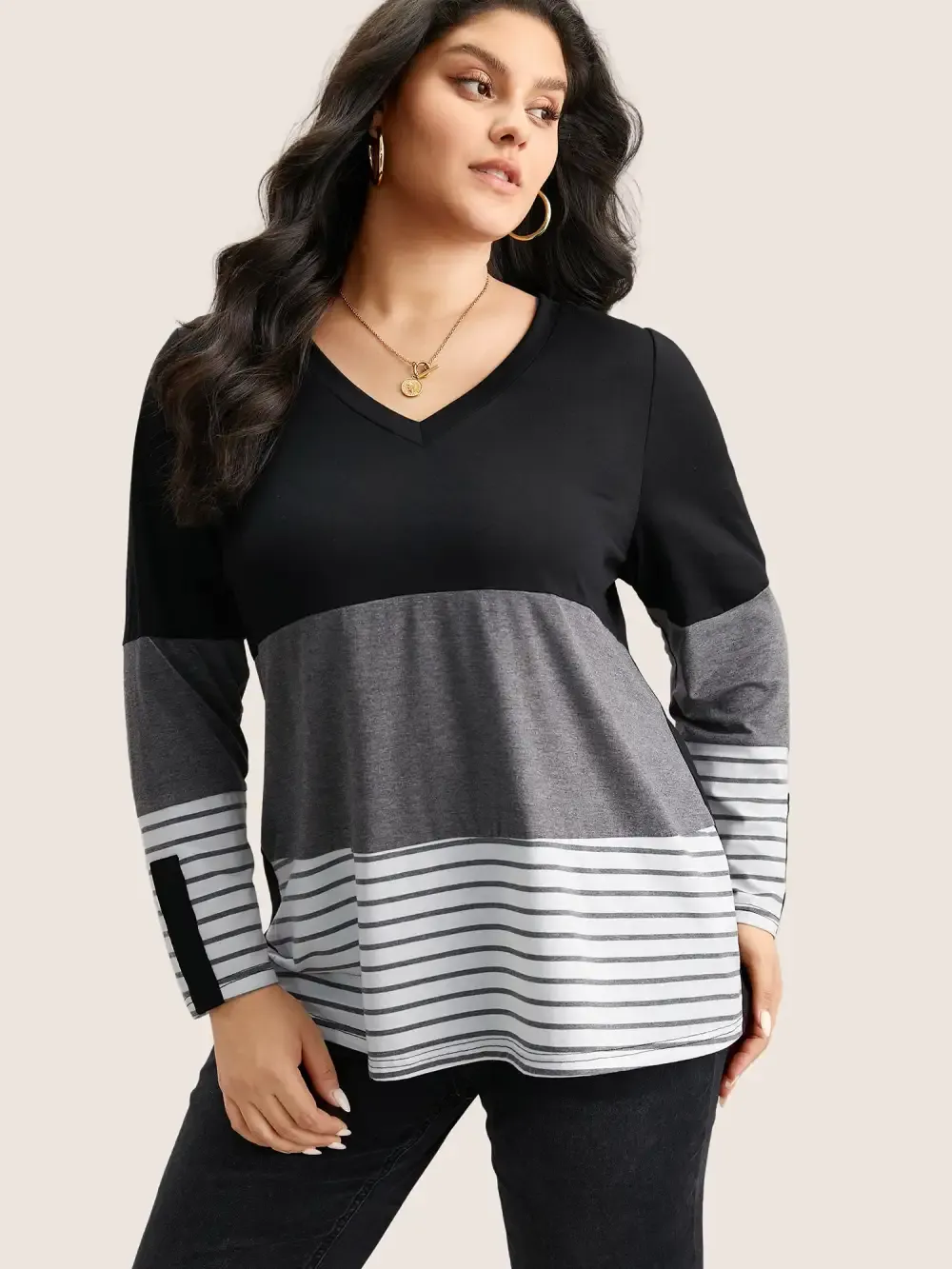 Colorblock Contrast Striped V Neck T-Shirt