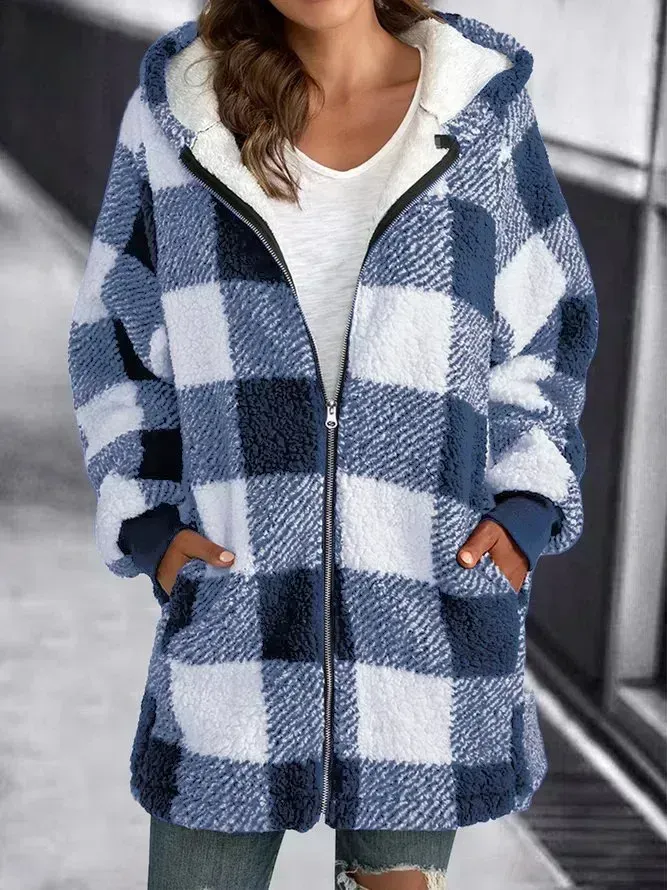 HOODIE PLAID LOOSE OVERCOAT